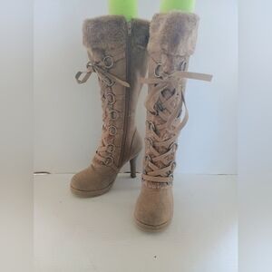 Women's Hunter High Heel Lace-up Fur & Suede Boots, Size 6